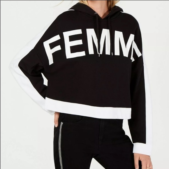 🔥BAR III🔥FEMME Graphic Print Cropped Hooded Sweatshirt Black/White Medium NWT - Picture 1 of 7